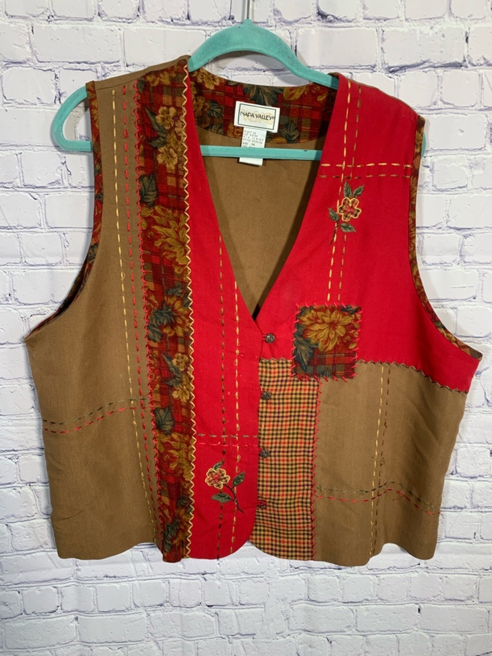 Napa Valley Womens Patchwork Vest Red Tan Size 1X Grunge Festival Vintage Boho